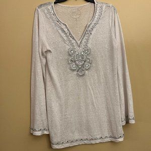 INC Women's Long sleeve white Top with Sequins neckline, hem & sleeves, SZ M